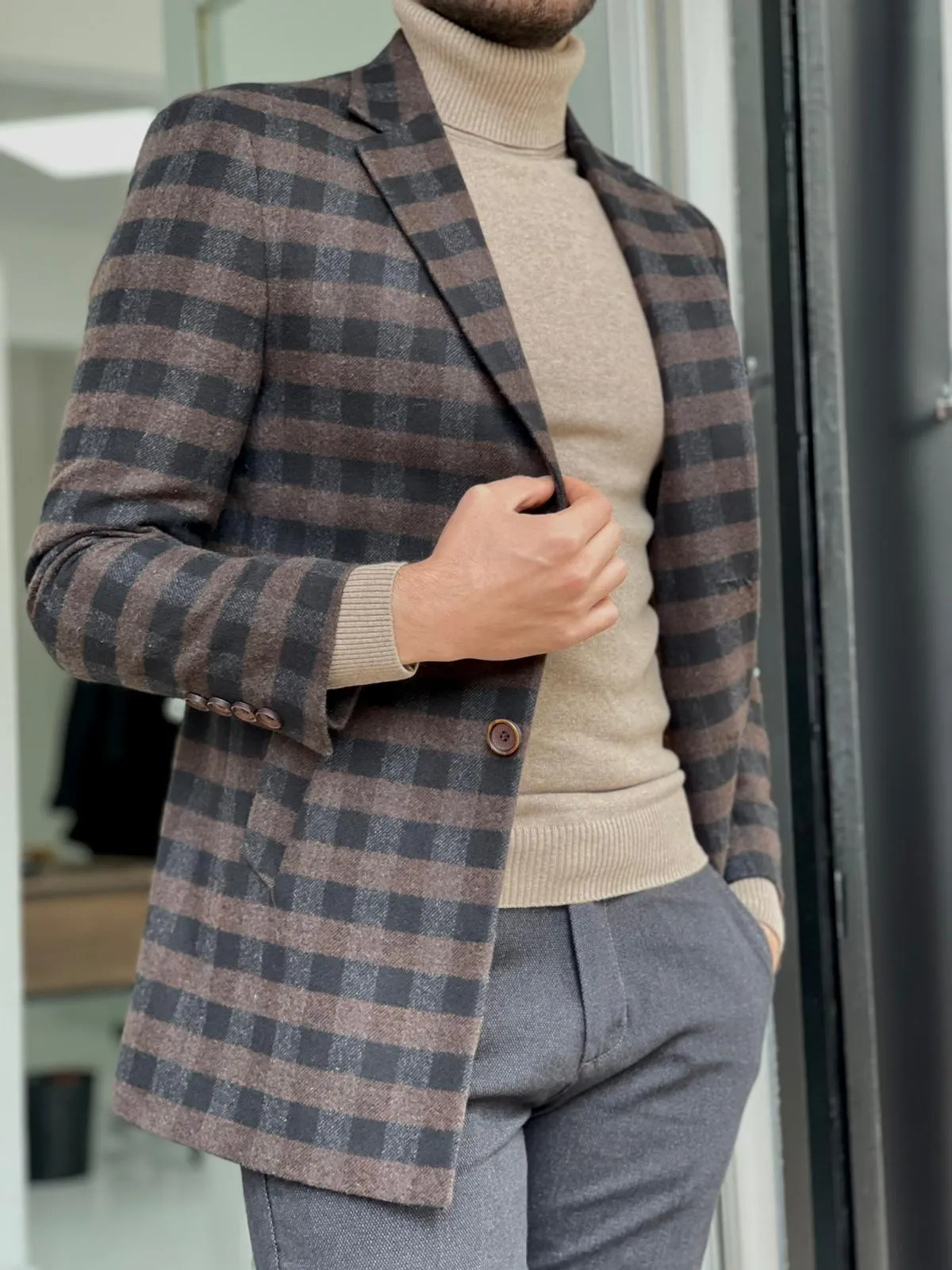 Melbourne Brown Slim Fit Plaid Wool Long Coat