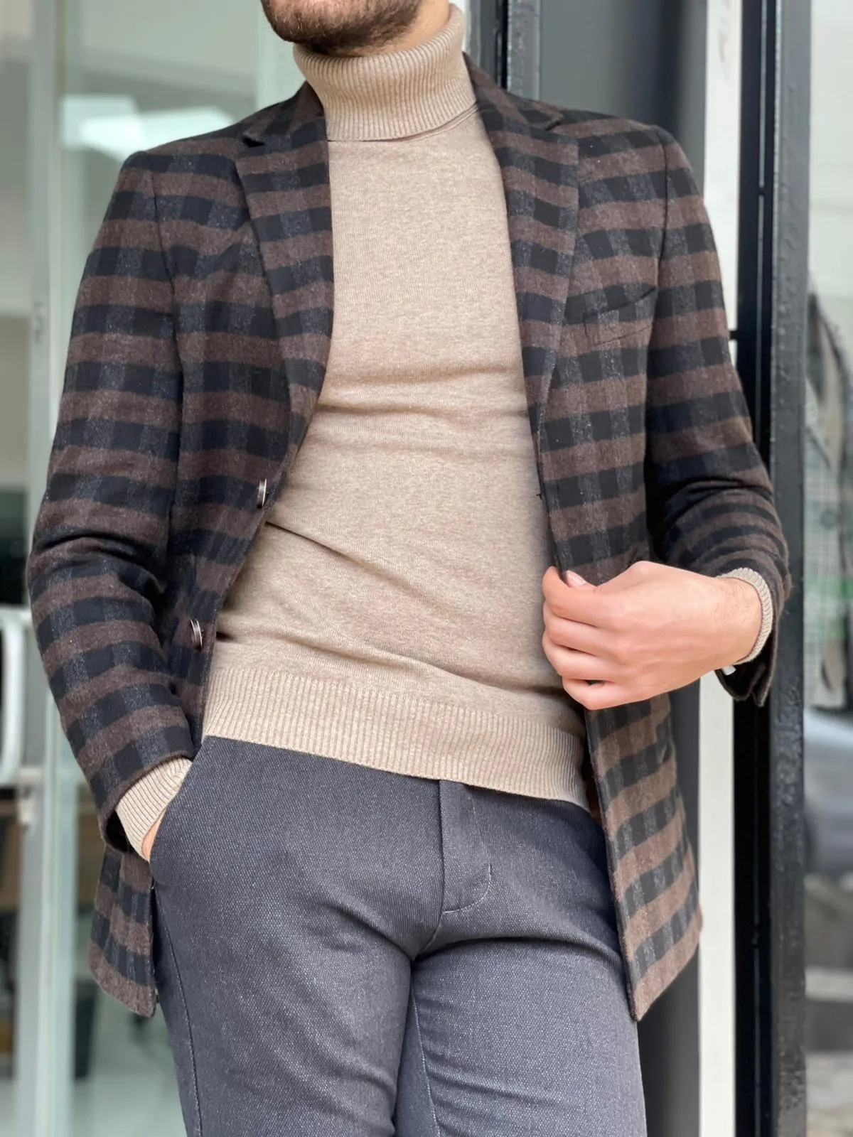 Melbourne Brown Slim Fit Plaid Wool Long Coat