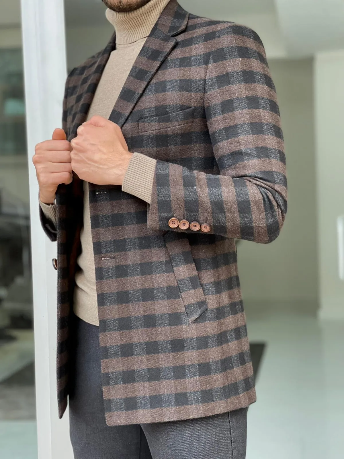 Melbourne Brown Slim Fit Plaid Wool Long Coat