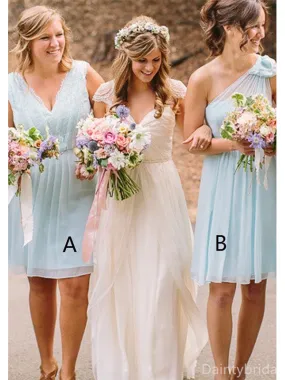 Mismatched One Shoulder V-neck Tulle Knee Length Bridesmaid Dresses, BG344