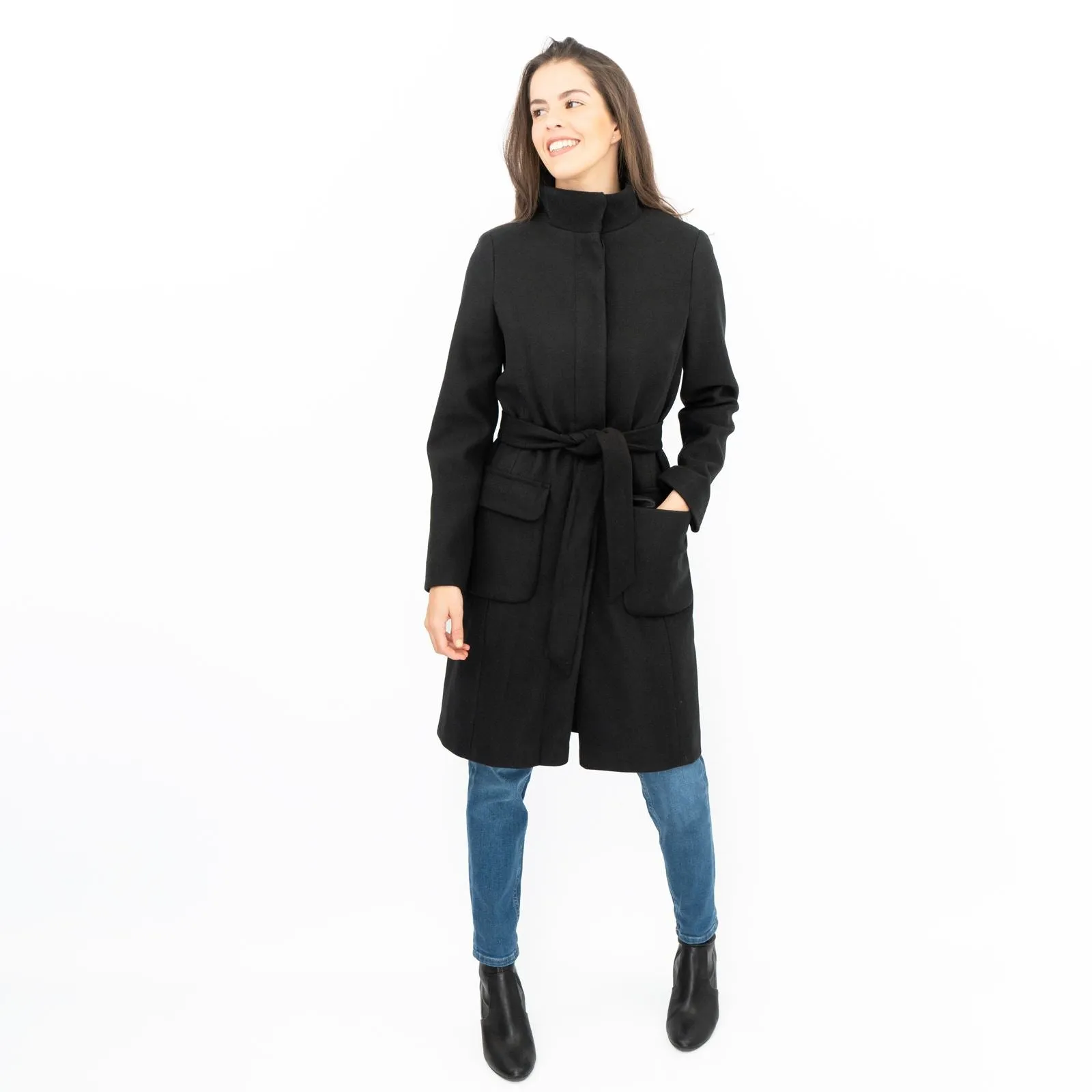 M&S Black Belted Funnel Neck Trench Coat