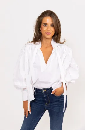 Ruffle Poplin Vneck Top