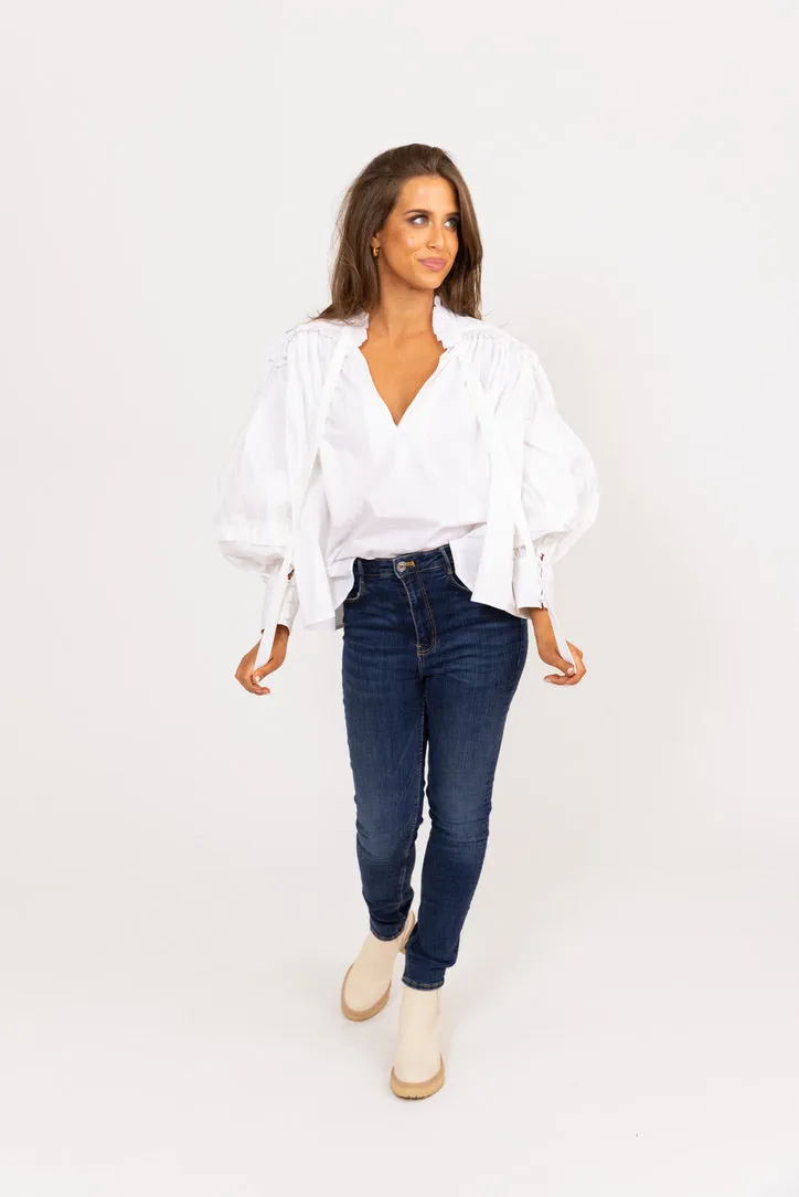 Ruffle Poplin Vneck Top