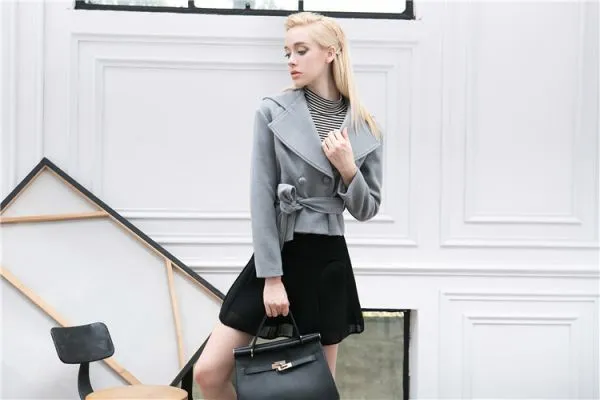 Short Wool Coat for Women with Double Breasted Closure and Belt