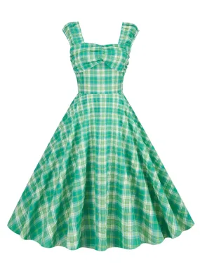 Square Neck Ruched Bust High Waist 50s Rockabilly Dresses for Women Sleeveless Vintage Pinup Plaid Dress