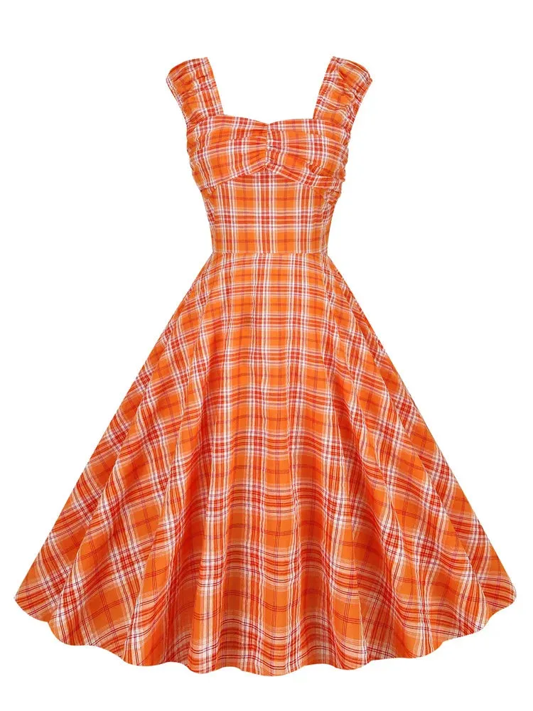 Square Neck Ruched Bust High Waist 50s Rockabilly Dresses for Women Sleeveless Vintage Pinup Plaid Dress