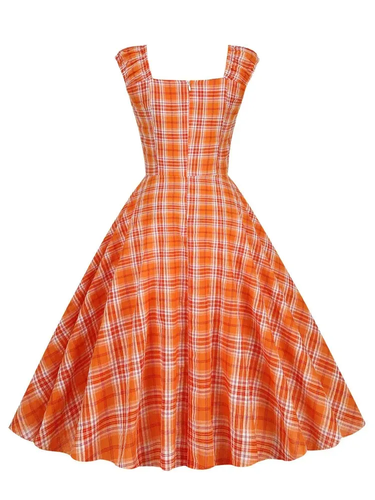 Square Neck Ruched Bust High Waist 50s Rockabilly Dresses for Women Sleeveless Vintage Pinup Plaid Dress