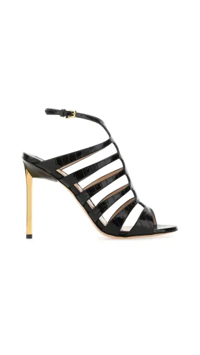 Stamped Crocodile Leather Carine Sandal - Black