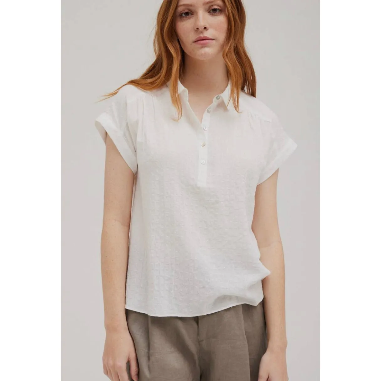 Tessa Off White Collared Short Sleeve Blouse Grade and Gather