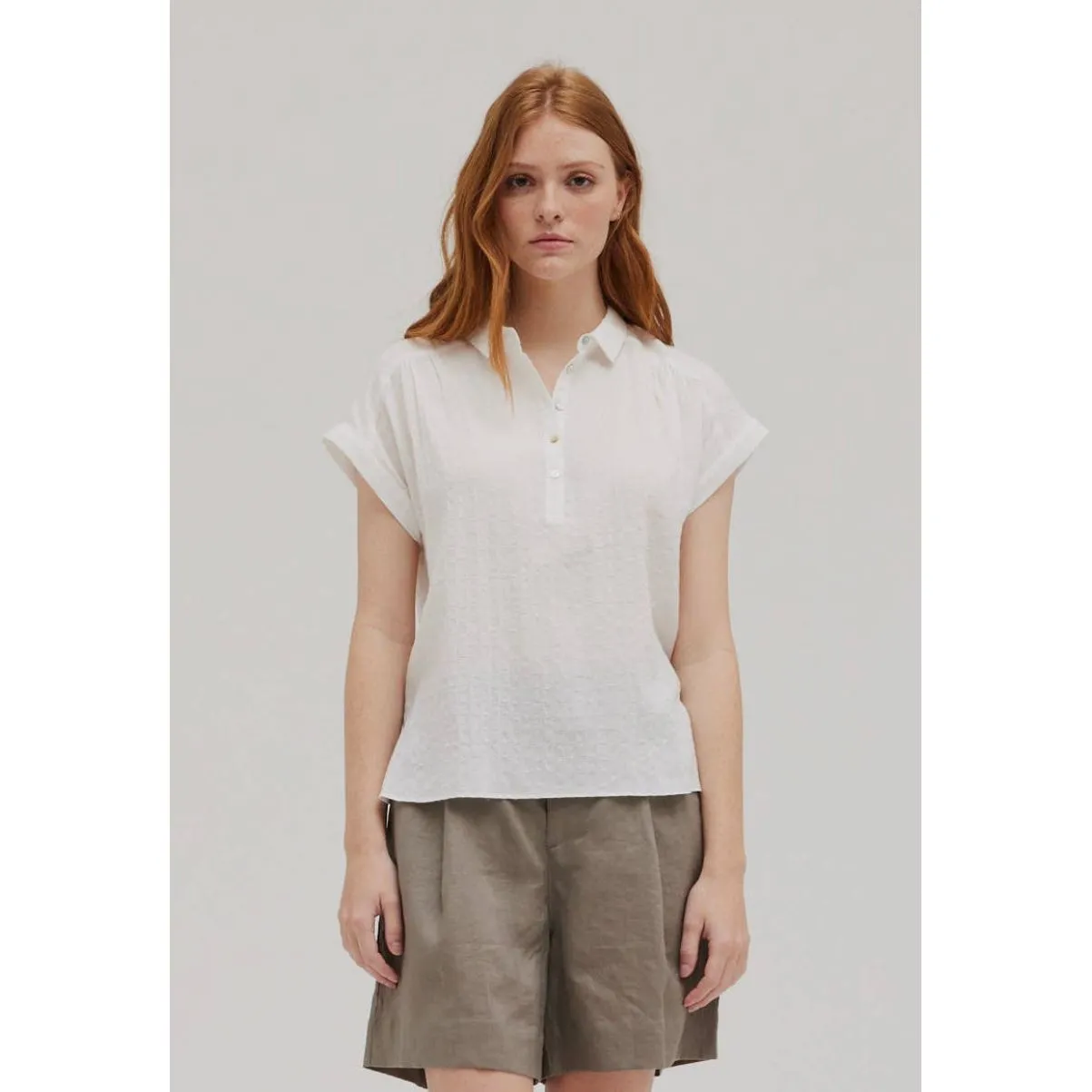 Tessa Off White Collared Short Sleeve Blouse Grade and Gather