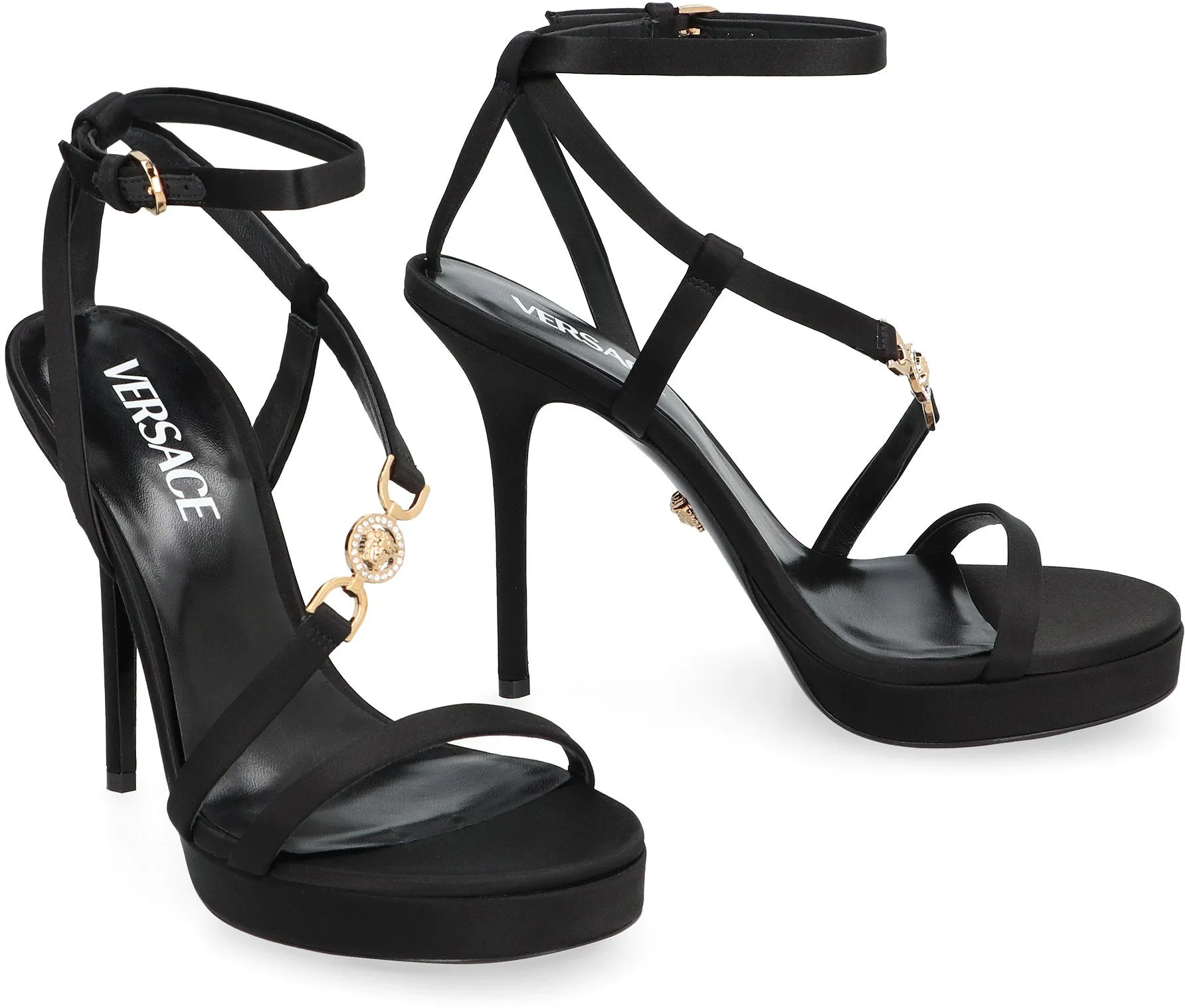 VERSACE Satin & Leather Stiletto Sandals for Women - Luxurious Black '95 Collection