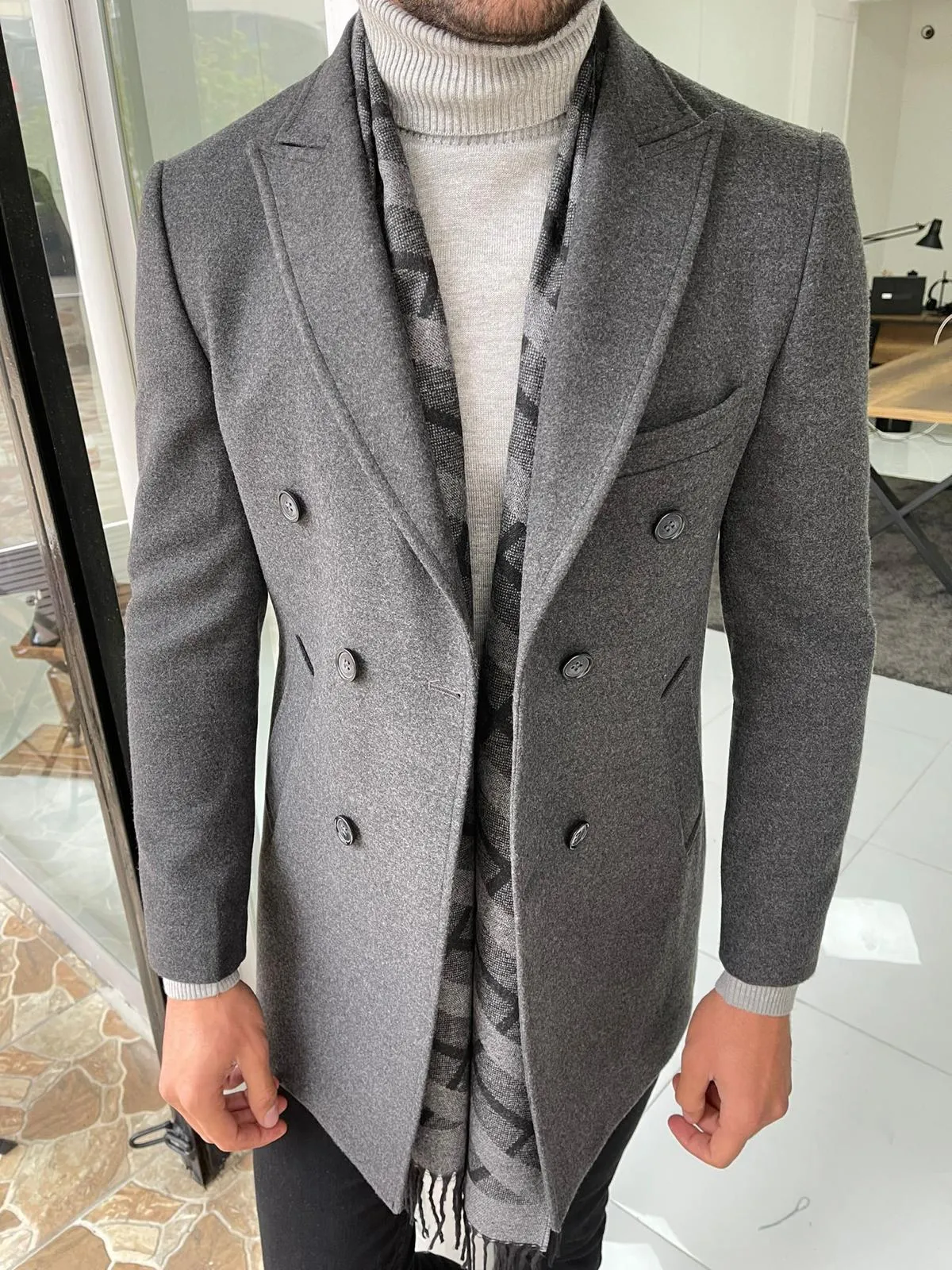 Viena Dark Gray Slim Fit Double Breasted Wool Long Coat