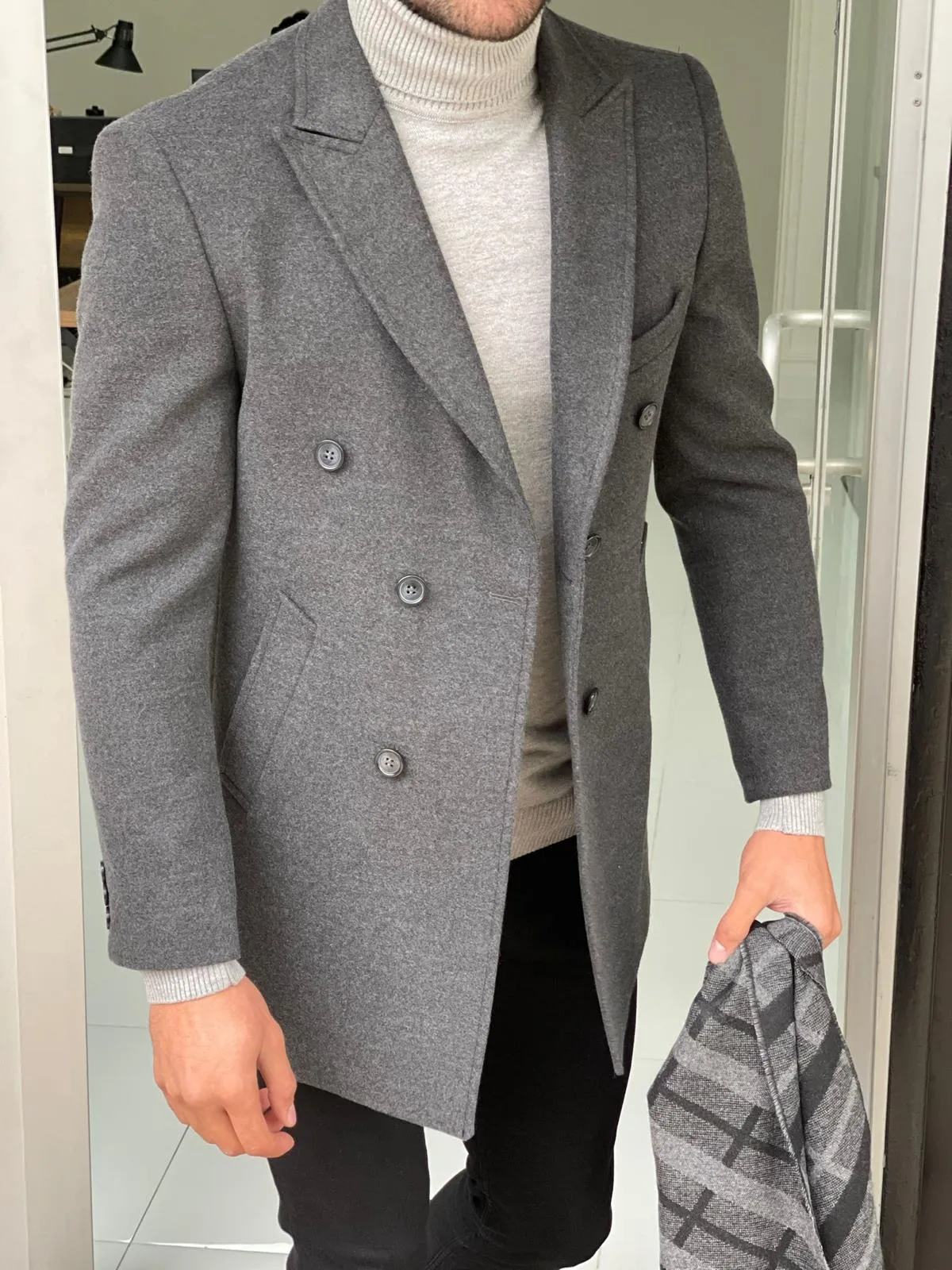 Viena Dark Gray Slim Fit Double Breasted Wool Long Coat