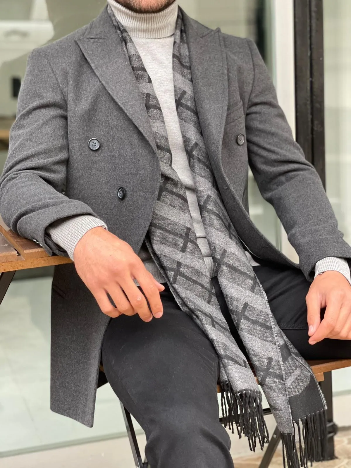 Viena Dark Gray Slim Fit Double Breasted Wool Long Coat