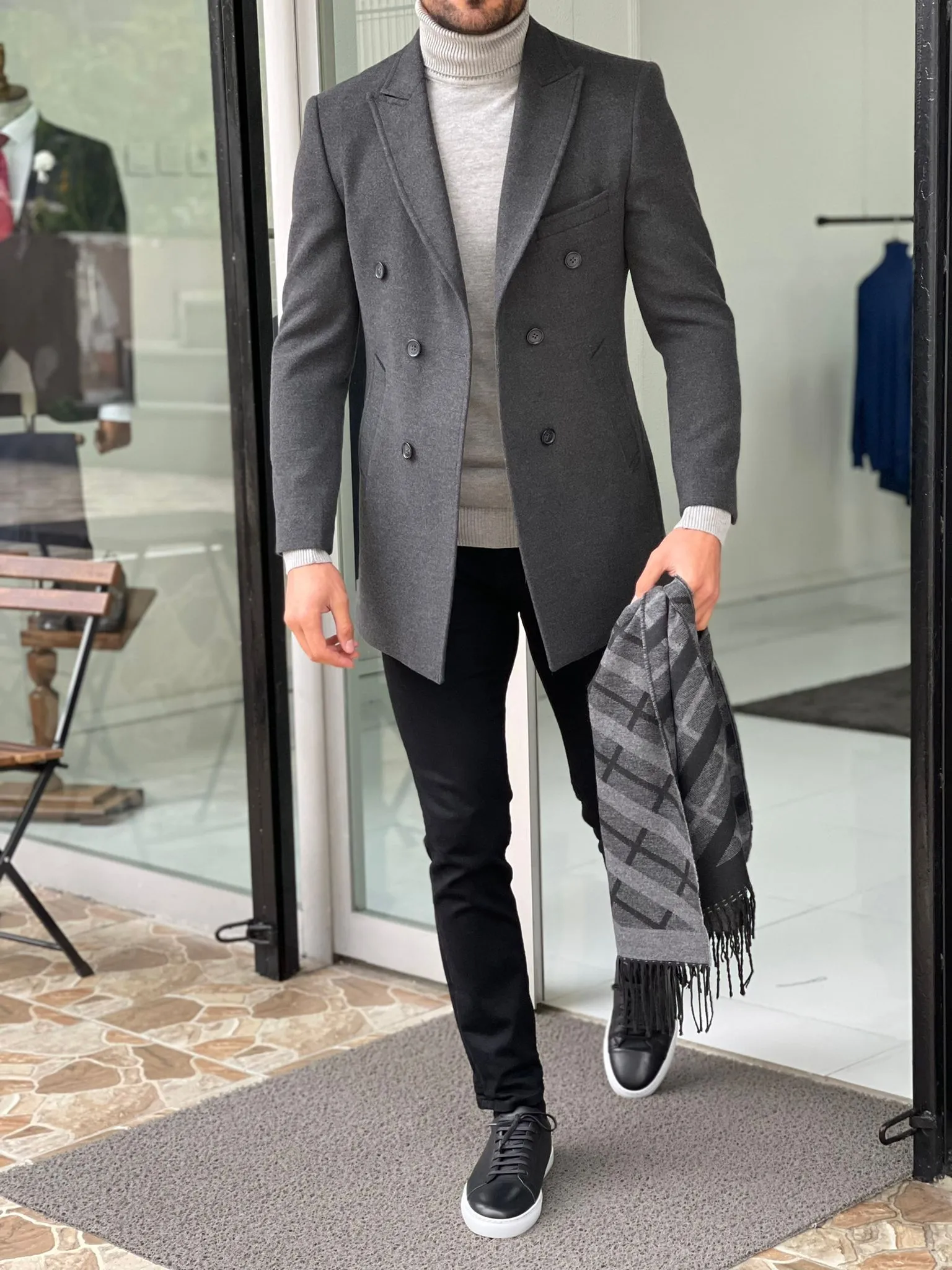 Viena Dark Gray Slim Fit Double Breasted Wool Long Coat