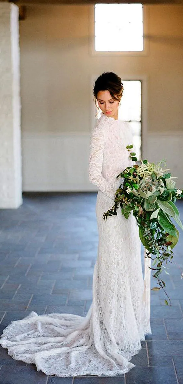 Vintage Fully Lace See Through Open Back Long Sleeves Elegant Wedding Dresses,DB0153