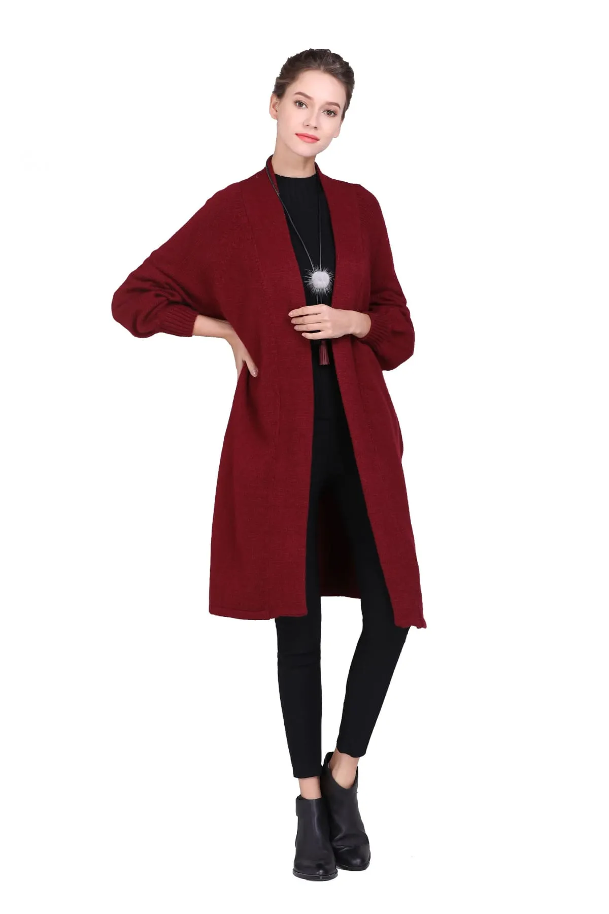 Wine Red Knitted Coat with Pockets