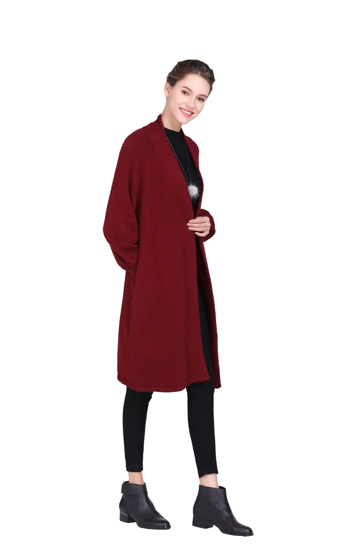 Wine Red Knitted Coat with Pockets