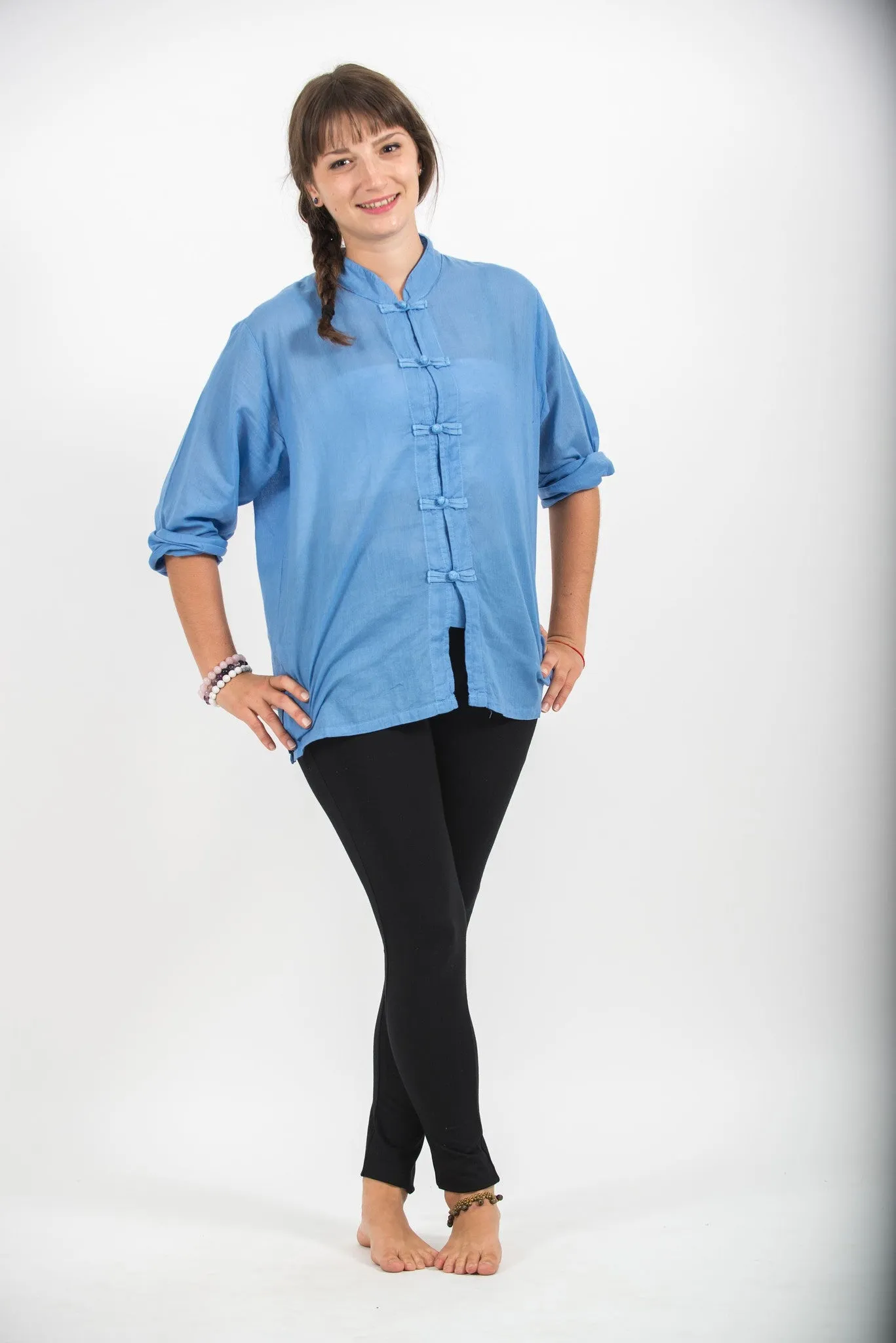 Womens Yoga Shirts Chinese Collared in Blue