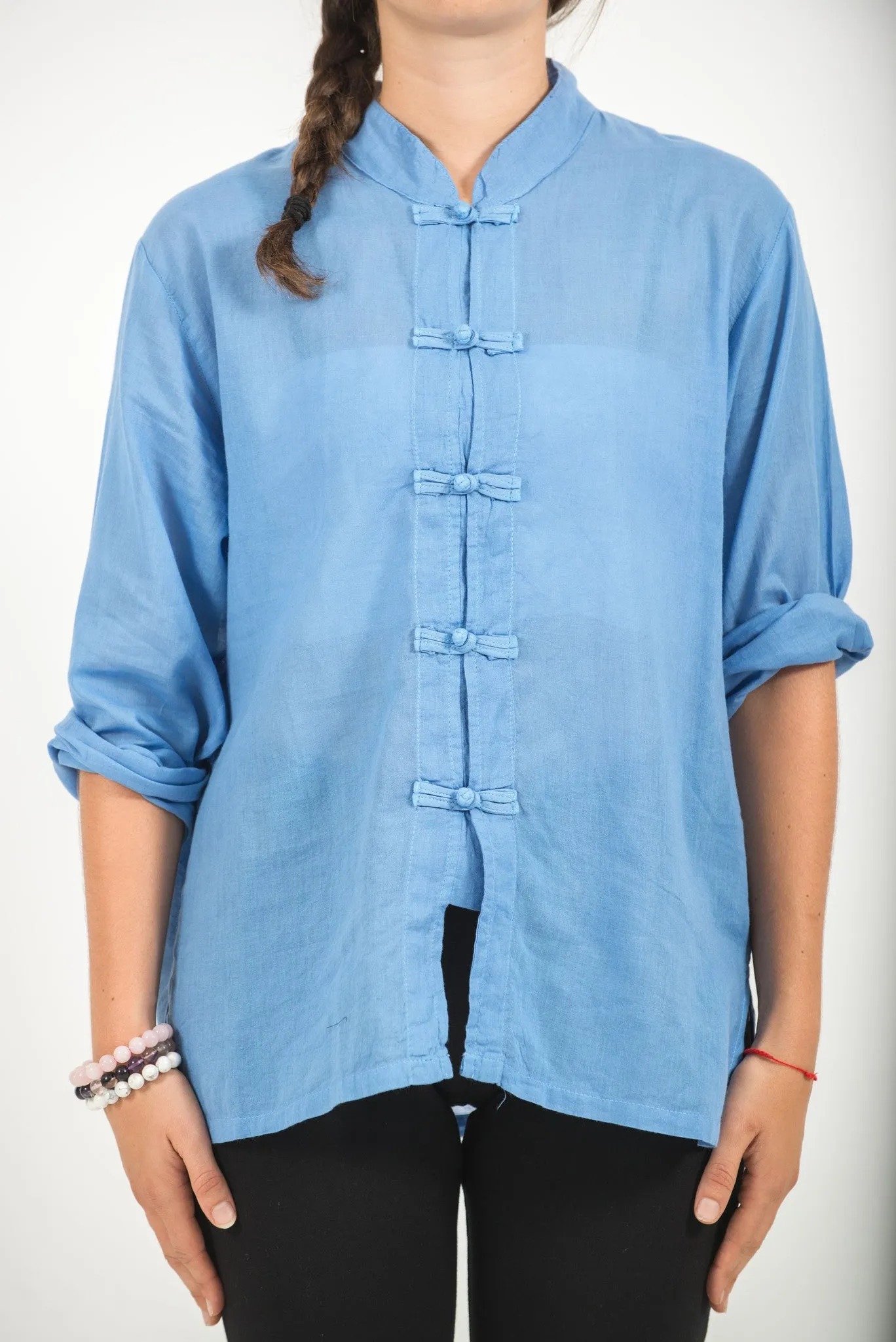 Womens Yoga Shirts Chinese Collared in Blue