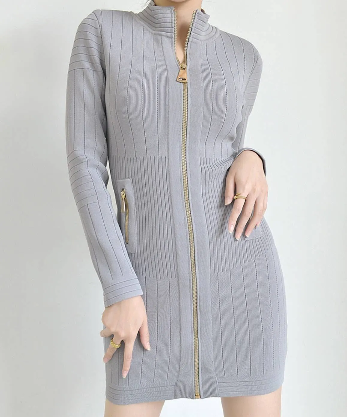 Zippered Knitted Mini Dress In Gray